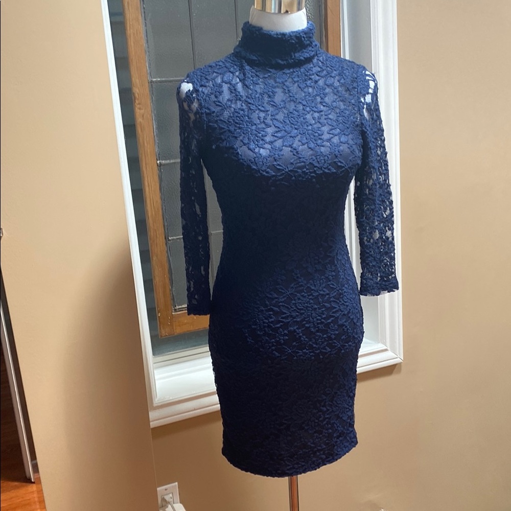 Sara Boo Blue Mock Neck Backless Dress